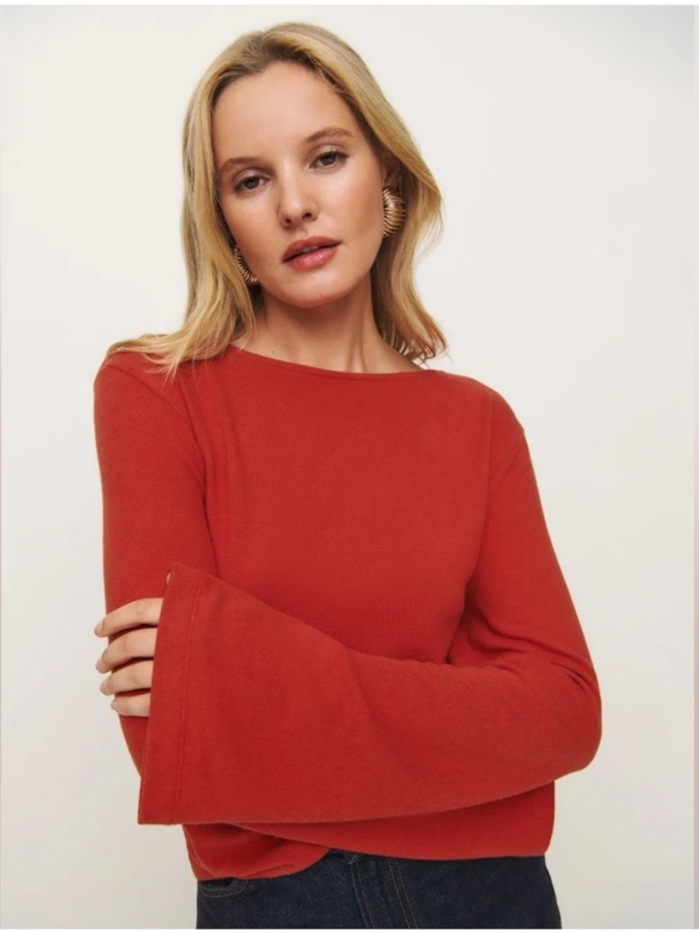 Reformation Eternity Knit Top Flare Sleeve Boat Neck Red Sun-Dried Tomato XL